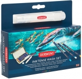 Set desen Derwent Professional Inktense, cutie metalica, creioane colorate, pensula cu rezervor, recipient spray, pensula simpla, 12 buc/set